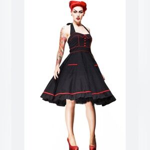 Retro Halter Polka Dot Dress with Red Trim